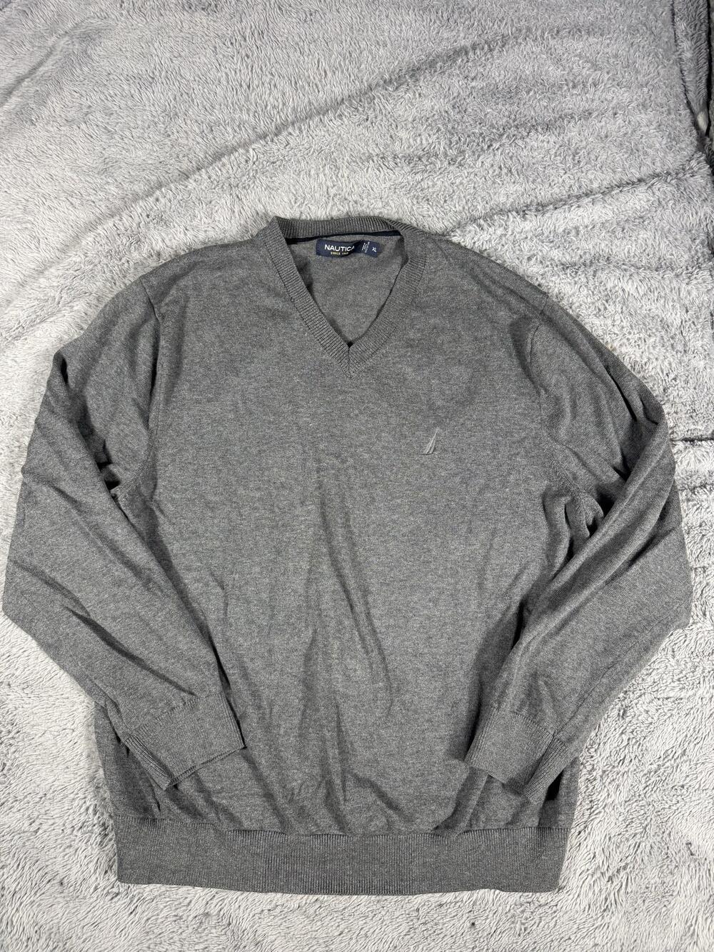 Nautica Sweater Mens XL Gray V Neck Lightweight Knit Cotton Pullover Top